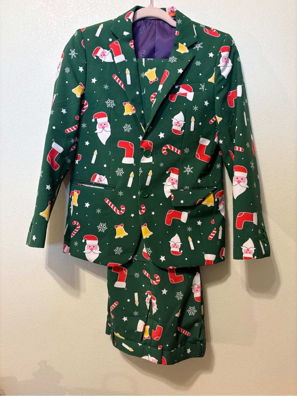 Kids Green Santa Print Holiday Suit-Jacket, Pants and Tie